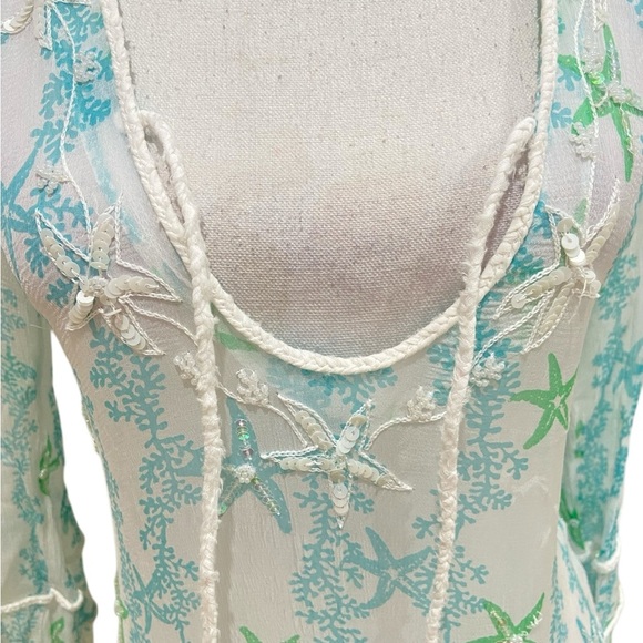 Letarte sheer handmade 100% silk beaded tunic top white & turquoise size small - Picture 3 of 11